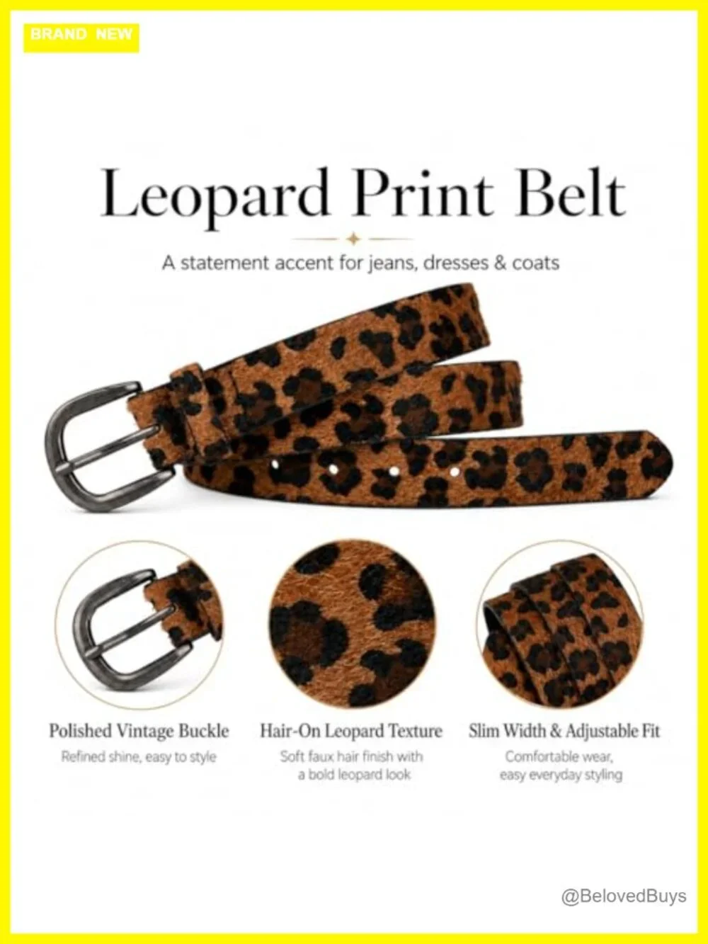 Faux Leather Leopard Print Skinny Belt for Women Glossy Black Buckle Waist Belt